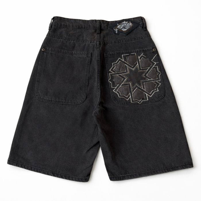Derschutze Geometric Patch Jorts / Denim Shorts - Black